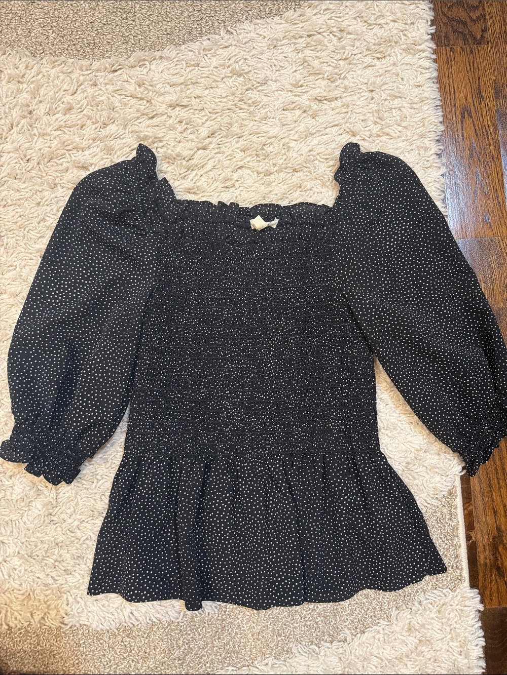 Max Studio Black Polka Dot Smocked Puff Sleeve Blouse